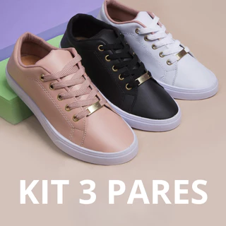 Kit 3 Pares Tenis Sintético Liso Básico Couro Sintético Feminino Casual Facil lavagem Confortavel Solado de E.V.A