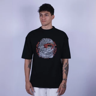 Camiseta OVERSIZED estampada Preta blusa camisa Streetwear em algodão 30.1 modelo Balaclava Oculos Premium OVERSIZED
