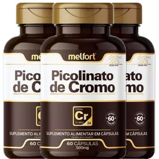 3 x Picolinato De Cromo 500mg 180 Cápsulas Suplemento