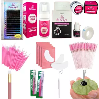 Kit Iniciante Extensão Cílios Removedor Cola Espuma Sunnys Pinça Vetus Escovinha Microrush Pad Gel