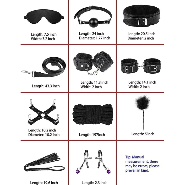 Kit Bondage Sado Completo de 10 Piezas en Cuero y Peluche con Ajustes para Sadomasoquismo - Negro -