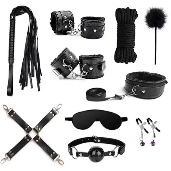 Kit Bondage Sado Completo de 10 Piezas en Cuero y Peluche con Ajustes para Sadomasoquismo - Negro -