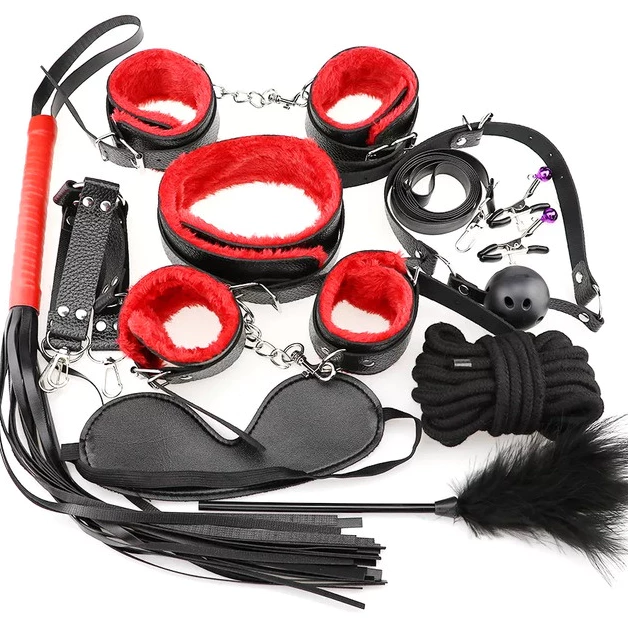 Kit Bondage Sado Completo de 10 Piezas en Cuero y Peluche con Ajustes para Sadomasoquismo - Negro -