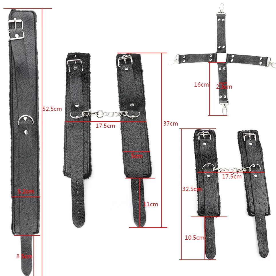 Kit Bondage Sado Completo de 10 Piezas en Cuero y Peluche con Ajustes para Sadomasoquismo - Negro -