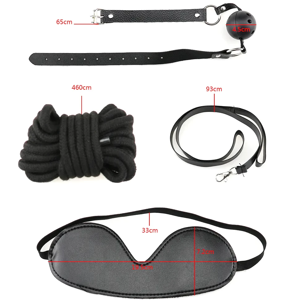 Kit Bondage Sado Completo de 10 Piezas en Cuero y Peluche con Ajustes para Sadomasoquismo - Negro -