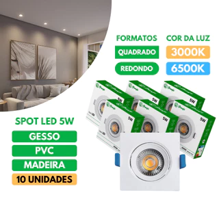 Kit 5-20 Luminária Led Spot 5W Redondo Quadrado Branco Preto Embutido Branco Frio Quente Bivolt