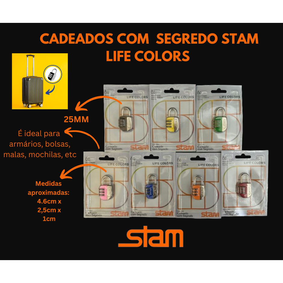 cadeado stam life colors 25mm com segredos diferentes para Mala Mochila Armário Porta bagagem