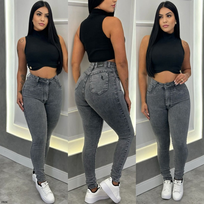 calça jeans grafite sal e pimenta cintura alta com lycra | Shopee Brasil