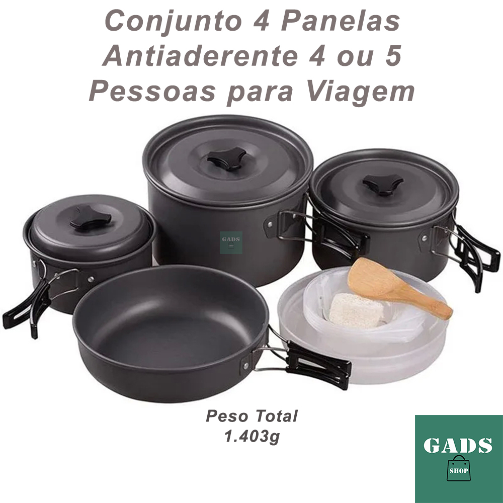 Conjunto de 4 Panelas com tampa para Viagem Antiaderente Camping Pesca Trilha DS500