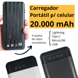 Carregador Portátil Celular 20000mah Bateria Externa Tipo C Lighting MicroUSB Micro USB