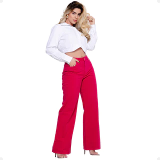 Calça Wide leg Feminina Pantalona Sarja Cintura Alta Pink