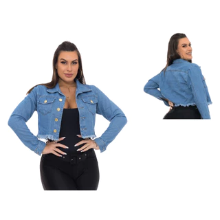 Jaqueta Jeans Feminina Desfiada Azul Clara Confortavel Curta.