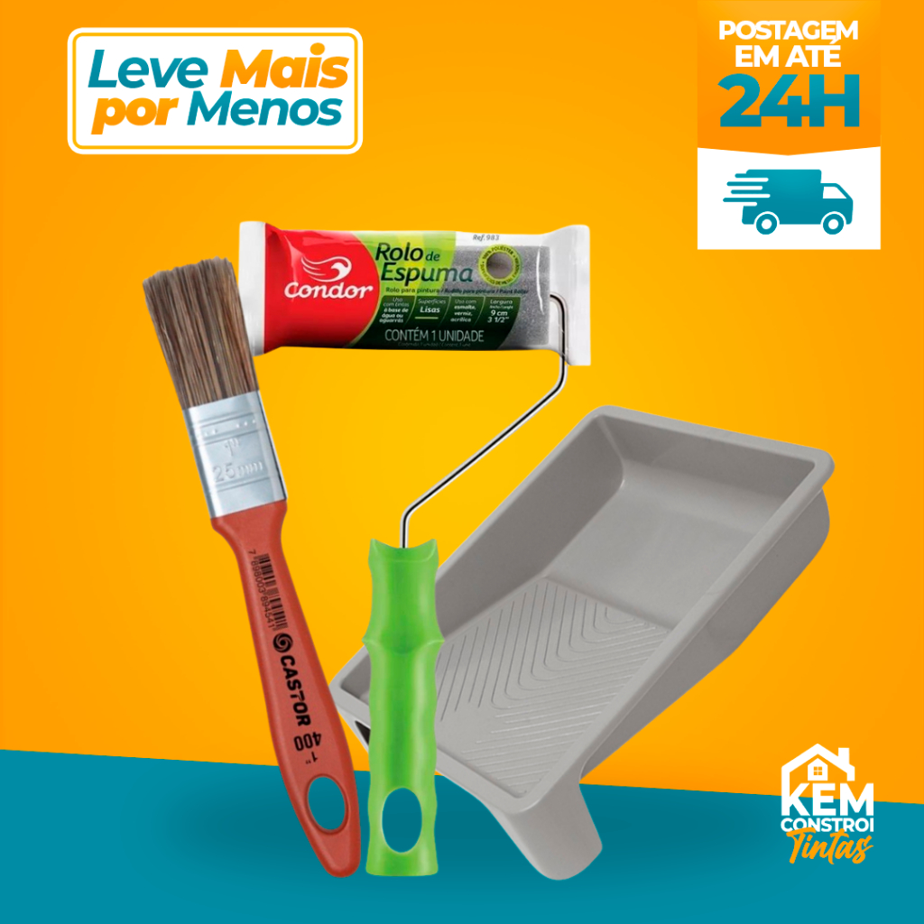 Kit de Pintura Rolo 9cm mais Bandeja e Trincha média Cerdas Gris 1