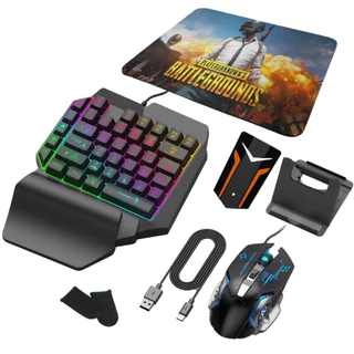 Kit Mobilador de Celular Teclado Uma Mão RGB + Mouse Gamer + Conversor Bluetooth Sem Fio