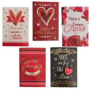 Kit 5 Cartões de Felicitações Amor Romântico Dia dos Namorados 7,5x11,0cm com Envelope