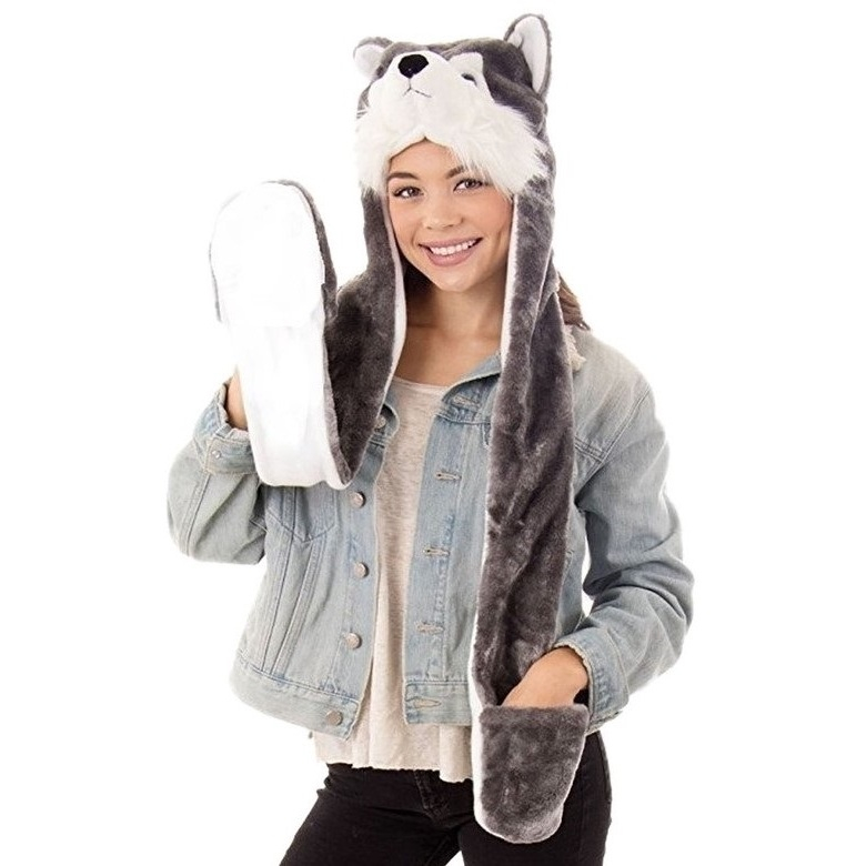 Touca cachecol de pelúcia bichos bichinho vários modelos lobo onça panda tigre e outros