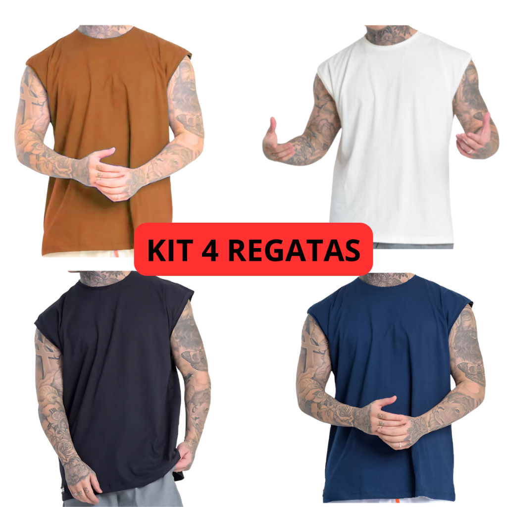 Kit 4 Camiseta Regata Oversized Masculina Academia Machão Treino Longline Lisa