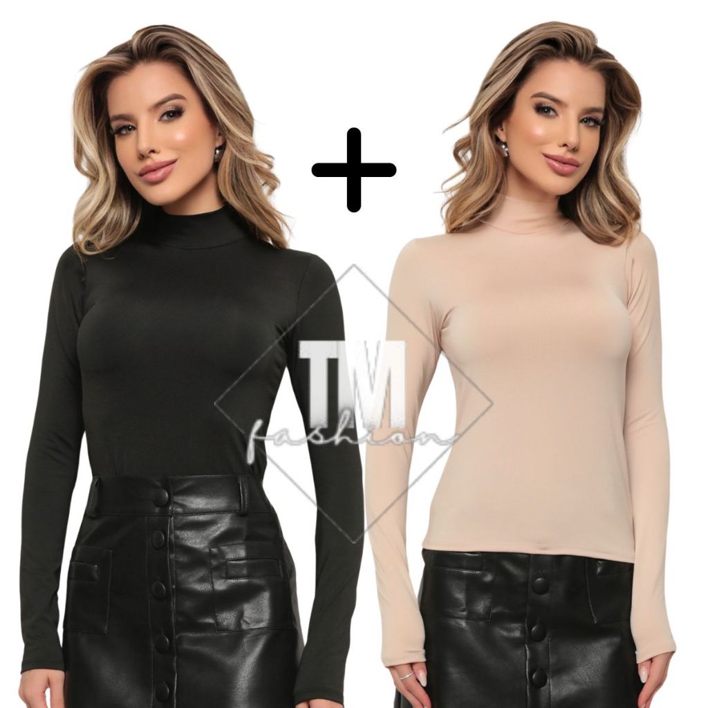 2 Blusas Gola Alta Feminina Cacharrel Manga Longa Suplex Promoção