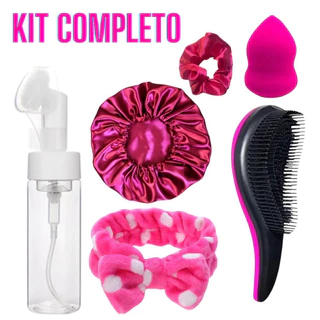 Kit Beleza Escova Mágica + Frasco Pump Espumador 100ML + Touca de Cetim + Esponja de Maquiagem + Laço Faixa de Cabelo