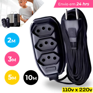 Extensão 10, 5, 3, 2 Metros - BIVOLT 110/220V 10A Tomada Tripolares Resistente Preta