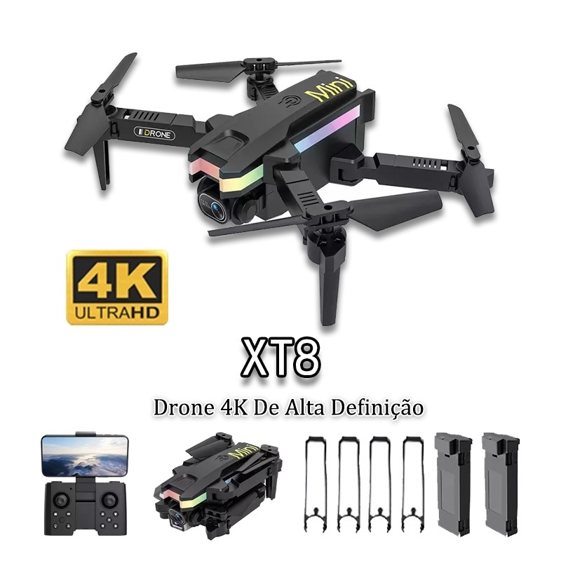 2024 Drone Profissional XT8 Dobrável Com Câmera Dupla 4k Fullhd E 2 Bateria