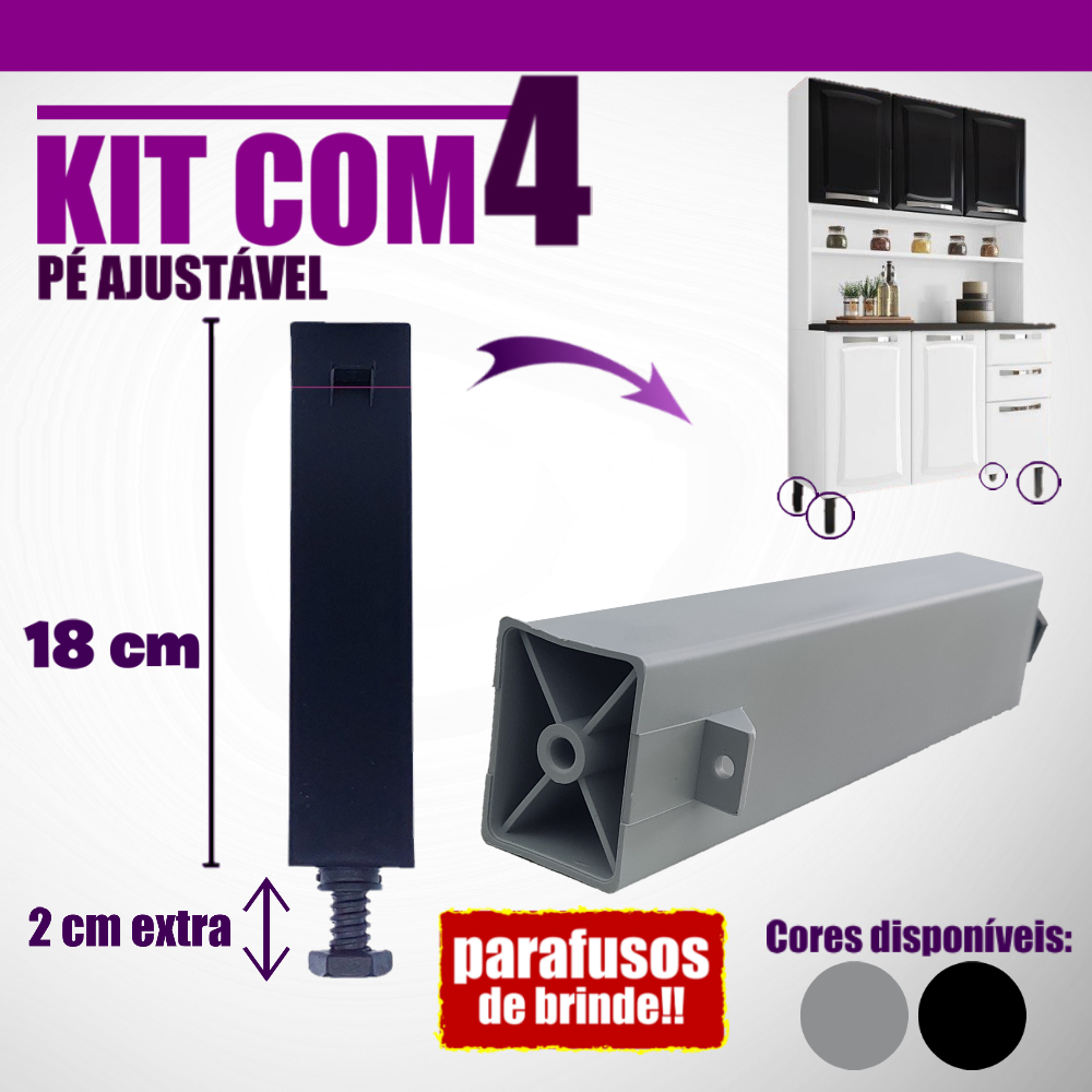 Pés Armário de Cozinha Itatiaia c/4un - Plástico Resistente Altura Ajustável + Parafuso /17