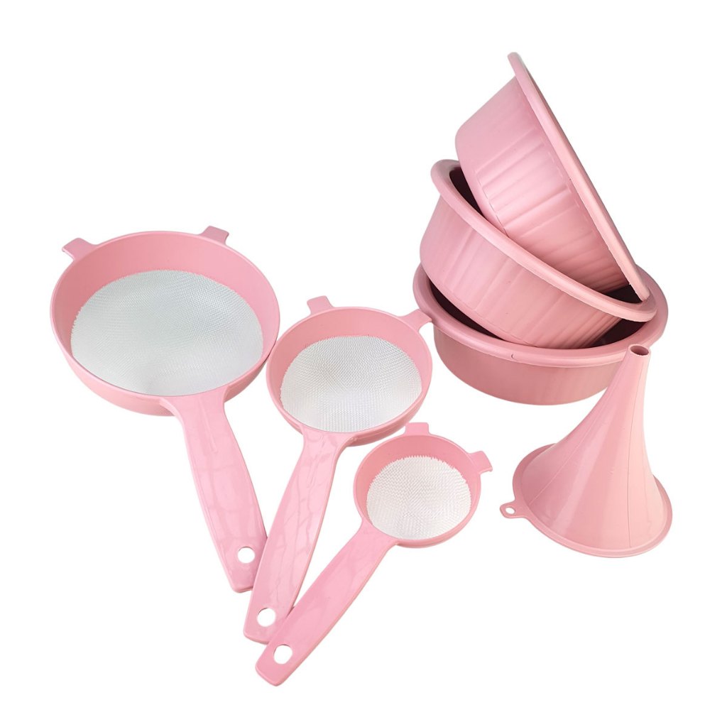 Conjunto de 3 Bacias + 3 Peneiras e 1 Funil Rosa 7 Peças