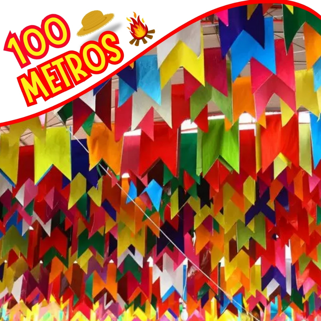 Kit 100 Metros Bandeirinhas Festa Junina / São João Bandeirola Plástico Colorido - Resistente a Água