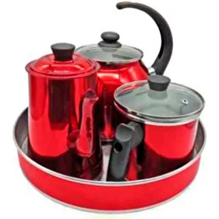 Kit Café Alumínio 4 Peças com Chaleira Fervedor Bule e Forma de Bolo - Vermelho