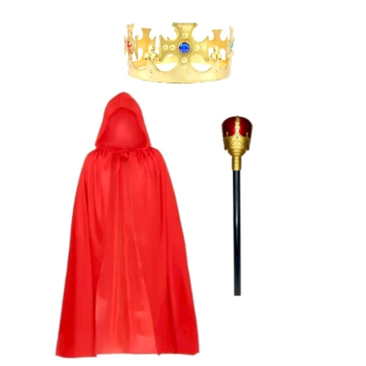 Fantasia Rei Coroa + Capa Vermelha + Cetro Halloween Carnaval