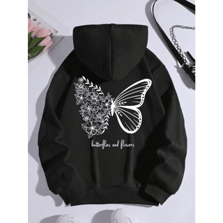 Moletom Masculino Blusa de Frio Feminina Borboleta Bolso Canguru Cordão Capuz Algodão