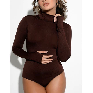 BODY Collant Feminino Gola Alta Com Dedeira Buraco Dedo Mindinho Manga Longa Forro Duplo