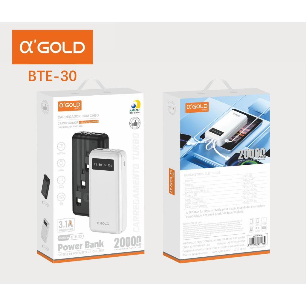 Carregador Power Bank Portátil 20000mah Universal Saida 4 Cabos Anatel