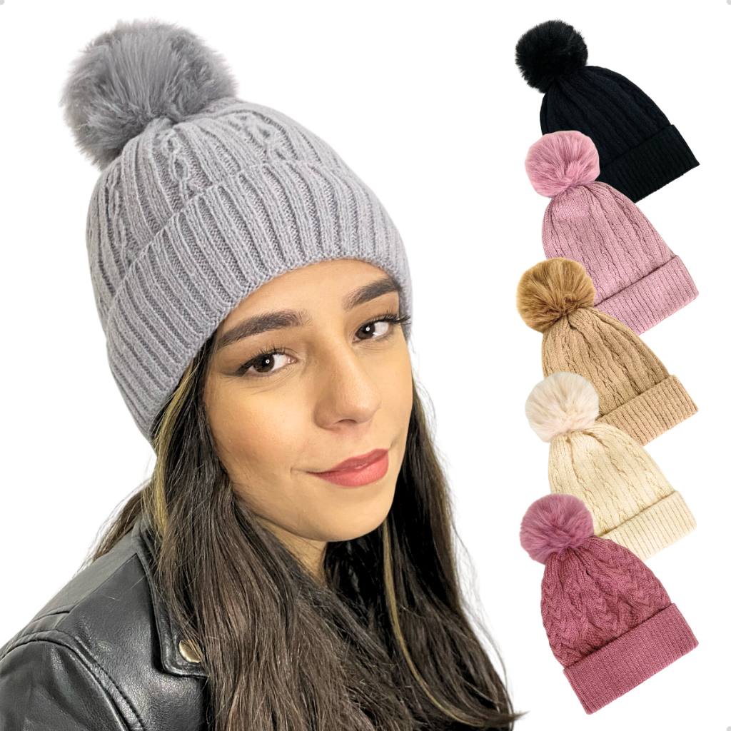 Touca Pompom Toca Gorro Adulto Forrada Para Inverno Tricô Feminina Lã