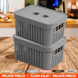 Kit 2 Cesto Cestinho Caixa Organizador Com Tampa Plástico Resistente Organizadores de Gaveta Armário