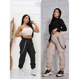 Calça Jogger Cargo Feminina Tactel com suspensório e bolsos Laterais Oferta Ate o fim do mês