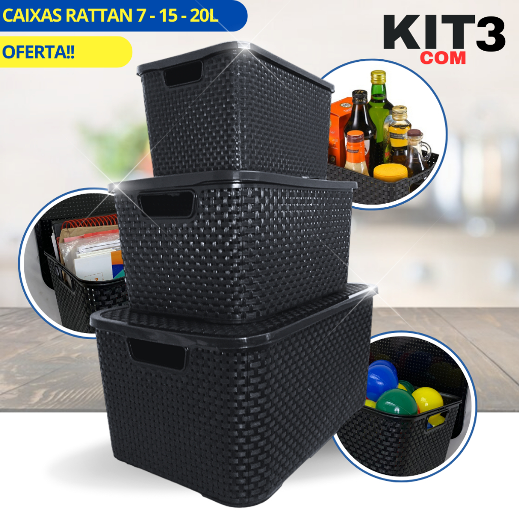 3 Caixas Organizadora Rattan 7 15 20 Litros Com Tampa Arqplast