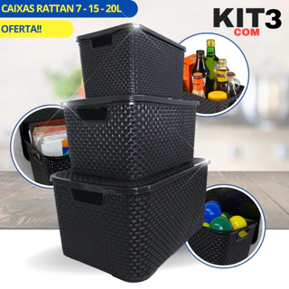 3 Caixas Organizadora Rattan 7 15 20 Litros Com Tampa Arqplast