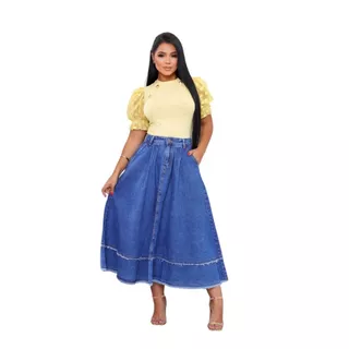 Saia Jeans Midi Rodada Evangélica Comportada Moderna Luxo Chik Crente Elegante Longa
