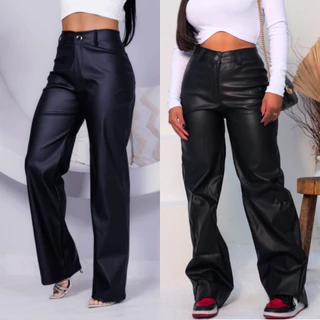 Calça Pantalona Couro Fake Wide Leg Feminino Retrô Balada Blogueirinha Botão