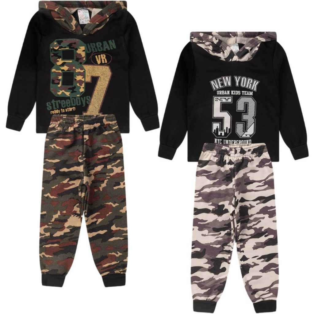 Kit 2 Conjuntos moletom flanelado menino e menina masculino feminino conjunto infantil camuflado capuz Tamanho 1 2 3 4 6