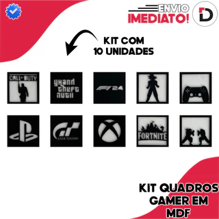 Kit 10 Quadros Desenhos / Estampa Gamer - Em MDF 2.8MM - PINTADO - Decoração / Jogos - Presente / Lmebrancinha