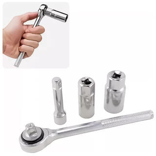 Kit Jogo Chave De Vela Com Catraca Reversível 3/8Pol. 4 Peças Soquetes Ferro Fundido