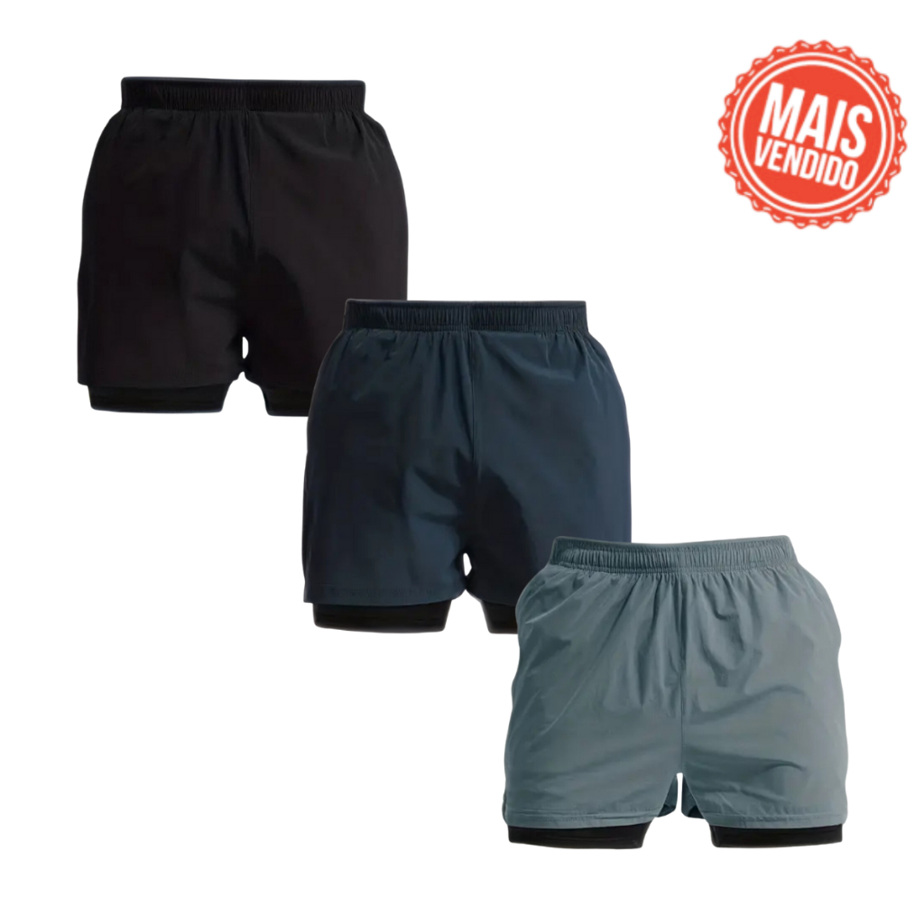 Kit 3 Bermuda 2 em 1 Com Short Interno Térmico Masculino Ideal Para Treinar Short Compressão Com Bolso Porta Celular