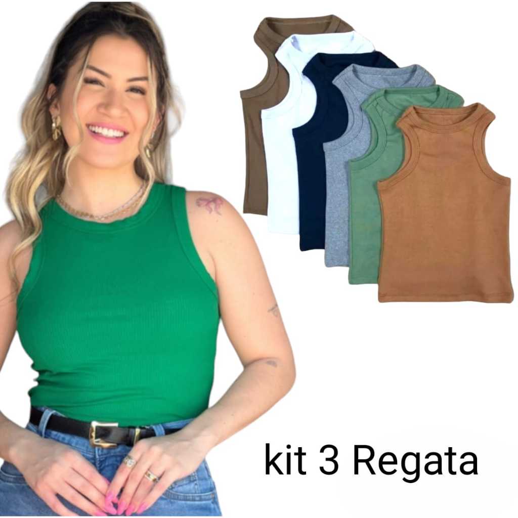 Kit 3 Regata Básica Feminina Canelada Ribana confortável verão