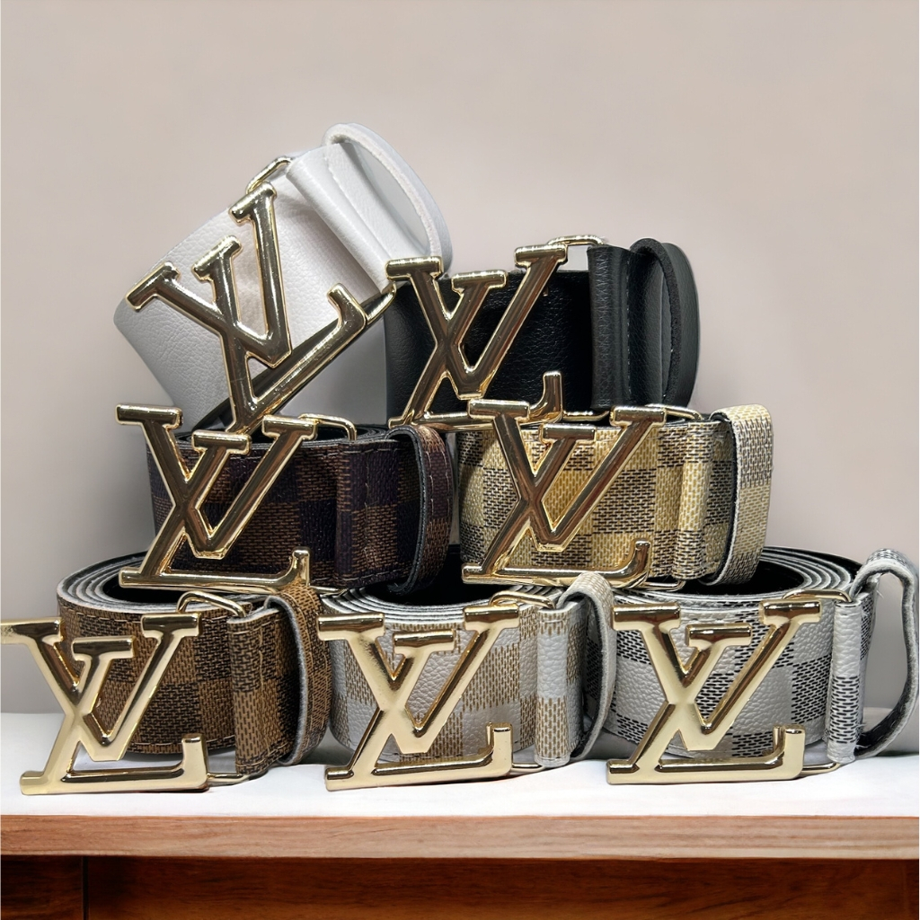 Cinto Unissex LV Xadrex Liso Couro Ecológico Fivela Dourada Feminino Masculino