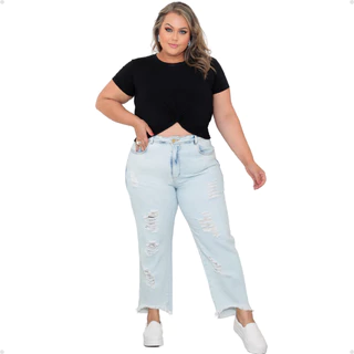 Calça Jeans Mom Plus Size Feminina De Cintura Alta Elegante