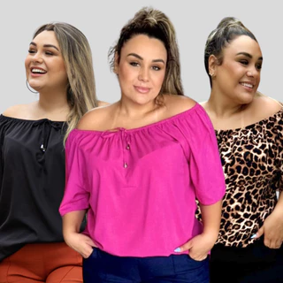 Blusa Feminina Plus Size Ciganinha Ombro a Ombro em Viscose