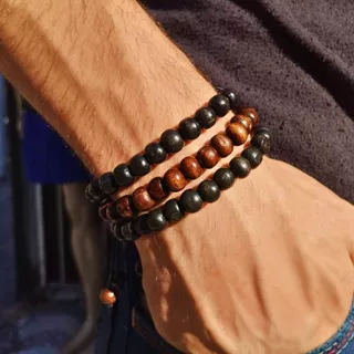 Kit 3 Pulseira Madeira Bolinha Marrom Preto Social Regulável