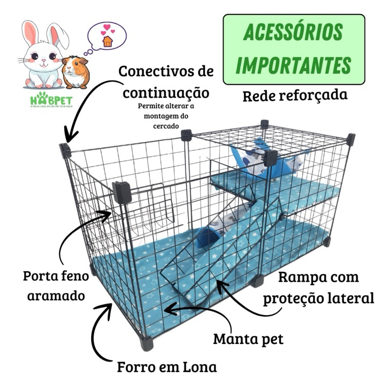 Cercado Para Porquinho Da Índia Enxoval com Almofada, Rede, Manta e Porta Feno